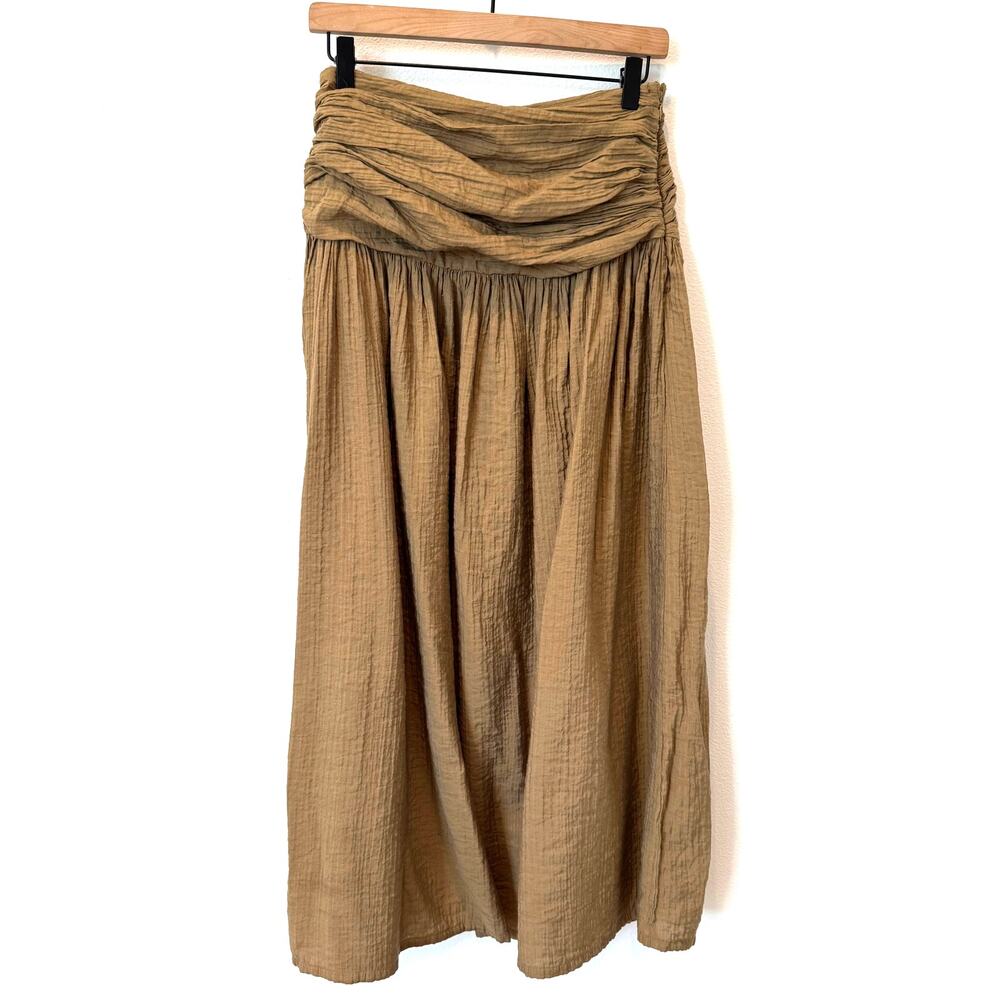 Topshop Brown Green Runched Waist Gauze Cotton Maxi Skirt Size 2